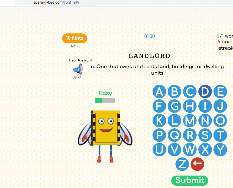 A spelling bee is a competition in which contestants are asked to spell words.