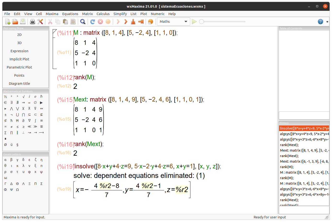 Solve a system of equations using Maxima