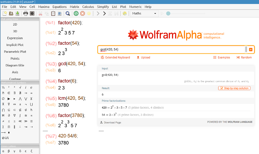 Calculating gcd and lcm with Maxima and WolframAlpha