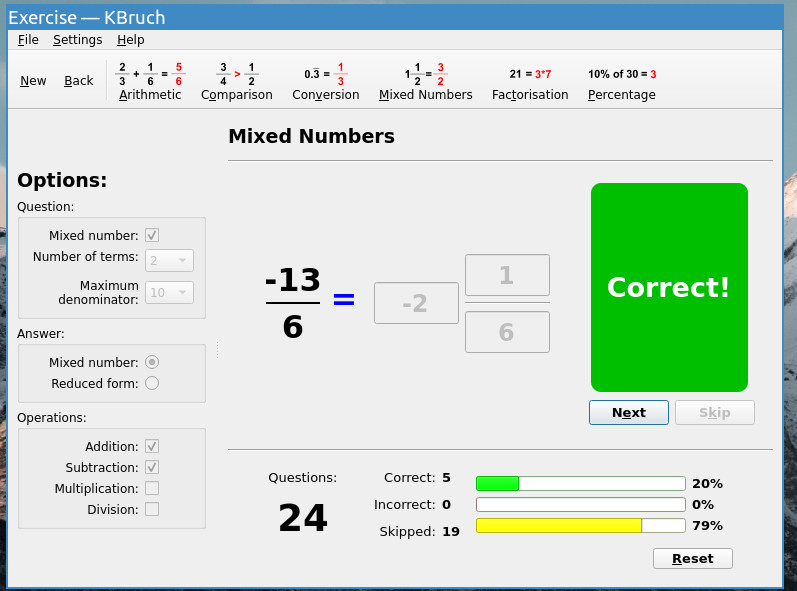 KBruch is a small program to practice fractions and percentages