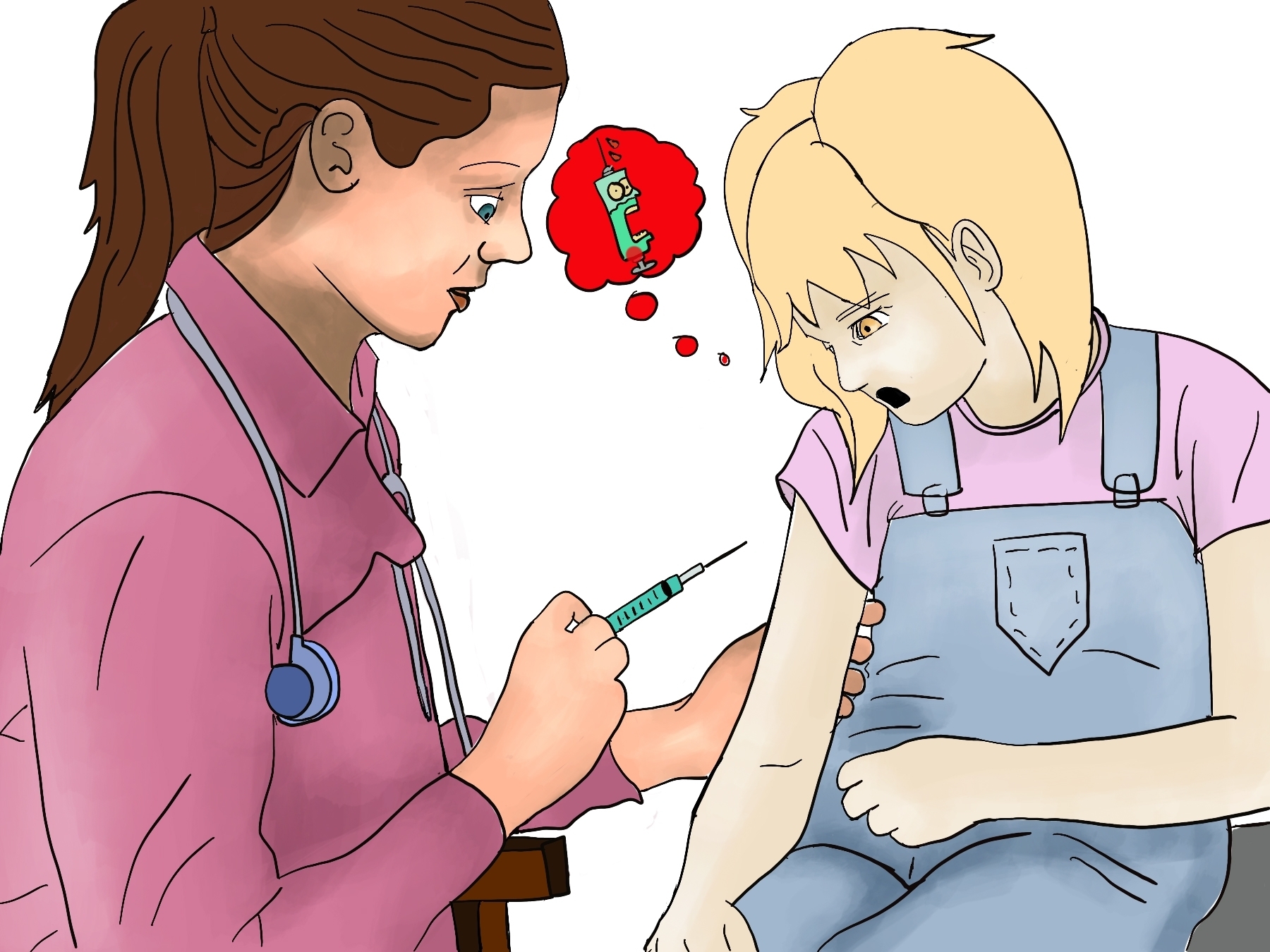 What’s that? Is that a shot? Are you going to…AAUGHH! It went clear through my arm! Ow ow ow ow!!! I’m dying! I hope you’ve paid your malpractice insurance, you quack! Calvin and Hobbes