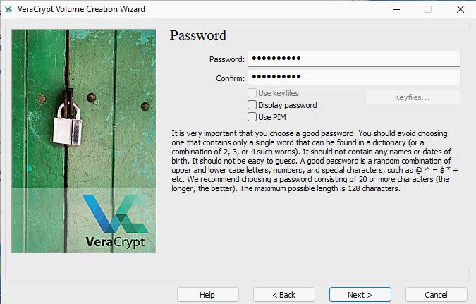 VeraCrypt. Enter a strong password.